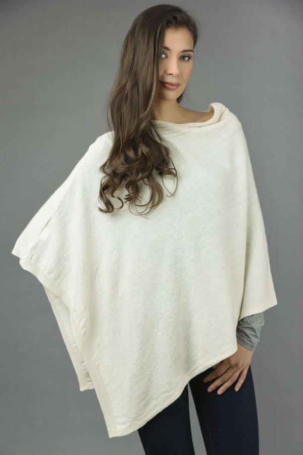 Pure Cashmere Knitted Asymmetric Poncho Wrap in Cream White 1