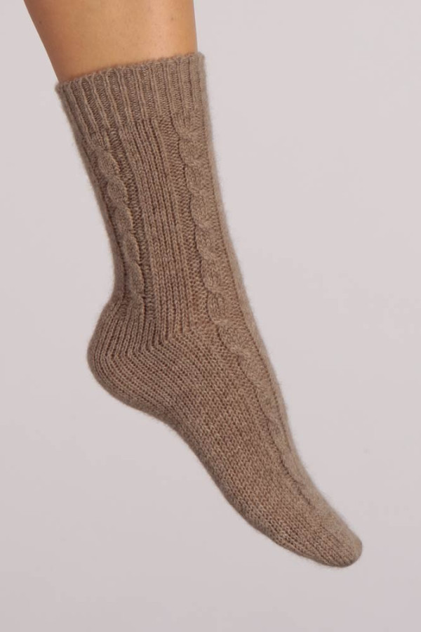 Pure Cashmere Bed Socks in Camel Brown Cable Knit 