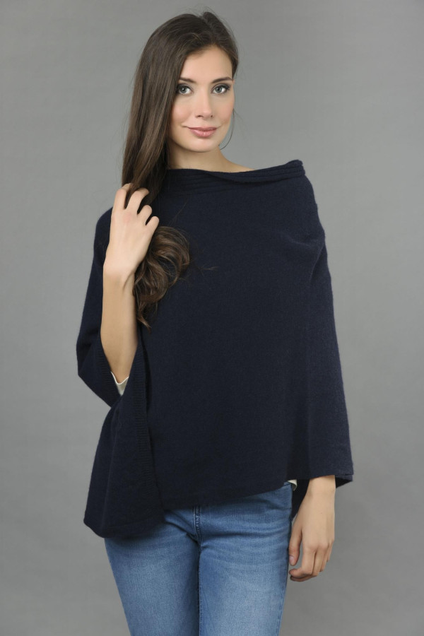 Pure Cashmere Knitted Asymmetric Poncho Wrap in Navy Blue 1