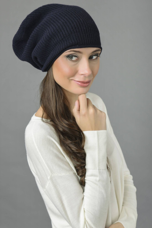 Pure Cashmere Ribbed Knitted Slouchy Beanie Hat in Navy Blue 1