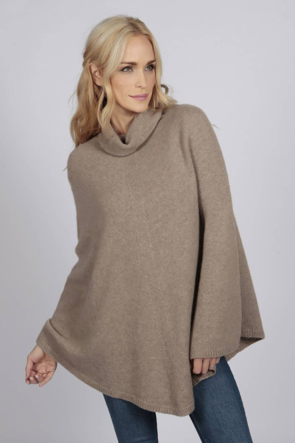 Camel Brown pure cashmere roll neck poncho cape front