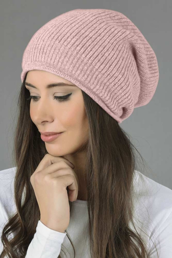 Pure Cashmere Ribbed Knitted Slouchy Beanie Hat in Baby Pink 02