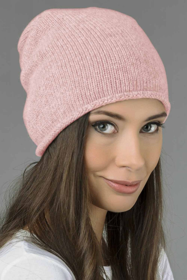 Pure Cashmere Plain Knitted Slouchy Beanie Hat in Baby Pink 01