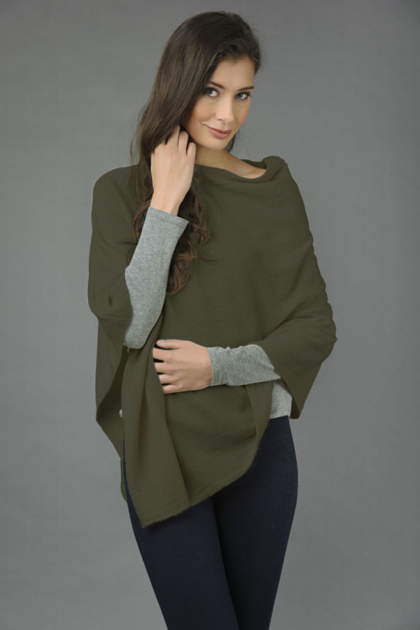 Pure Cashmere Knitted Asymmetric Poncho Wrap in Army Green