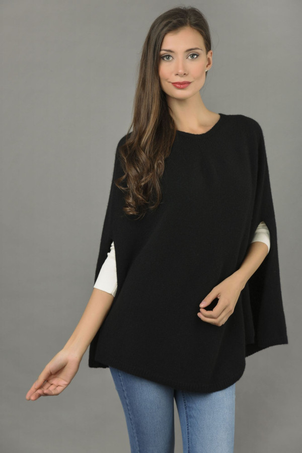 Pure Cashmere Poncho Cape, Plain Knitted in Black