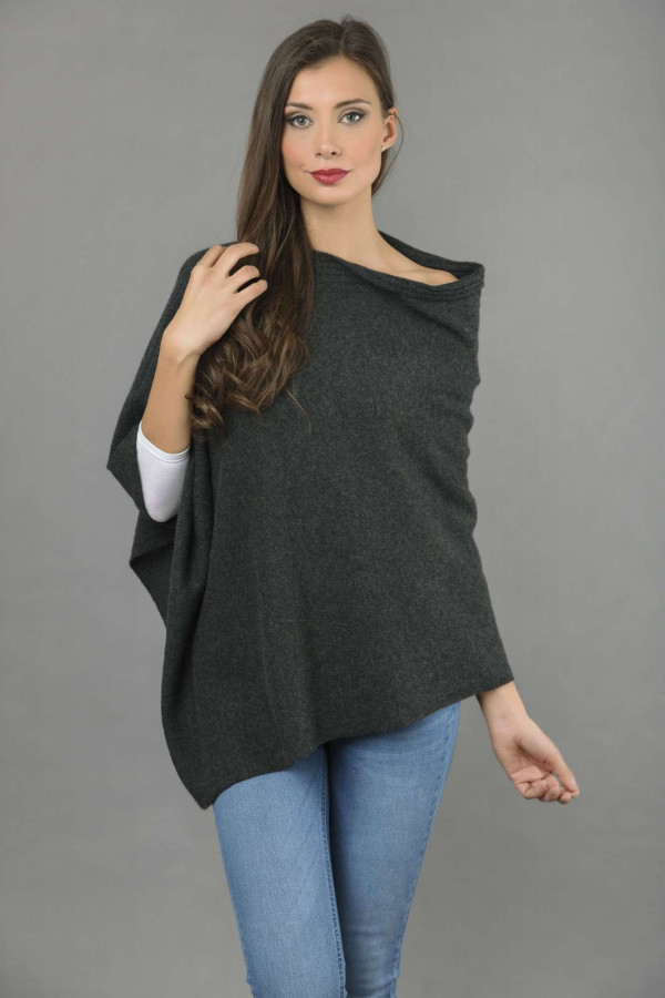 Pure Cashmere Knitted Asymmetric Poncho Wrap in Charcoal Grey