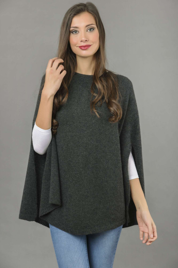 Pure Cashmere Poncho Cape, Plain Knitted in Charcoal Grey