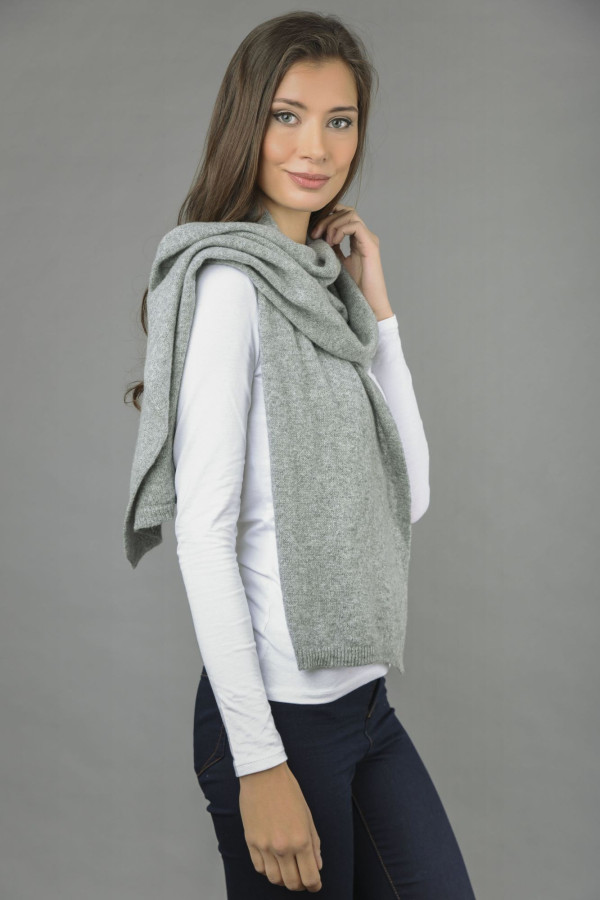 Pure Cashmere Scarf Plain Knitted Stole Wrap in Light Grey