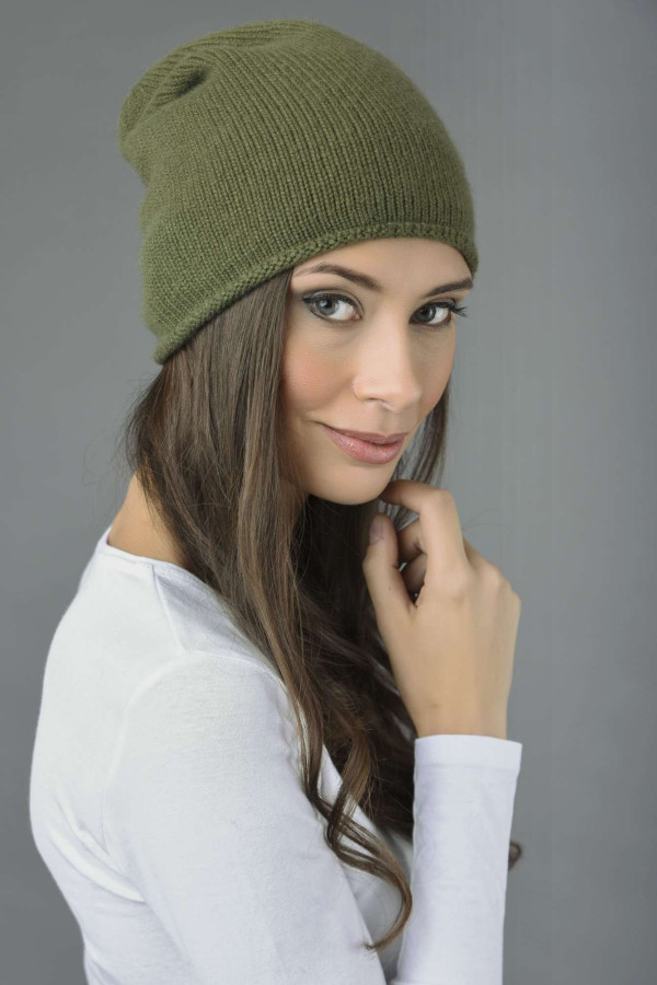 Pure Cashmere Plain Knitted Slouchy Beanie Hat in Loden Green