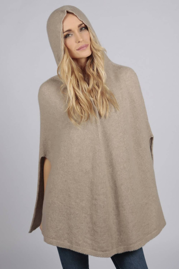 Camel brown beige pure cashmere hooded poncho cape