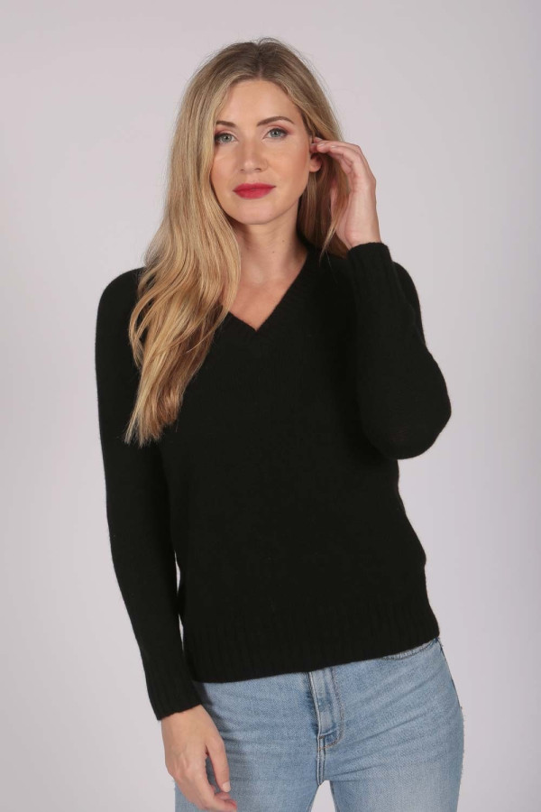 Womens Black V-Neck Cashmere Sweater front