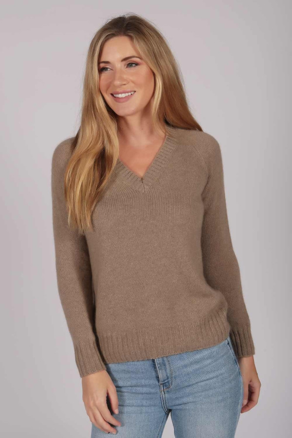 Womens Camel Brown V-Neck Cashmere Sweater front