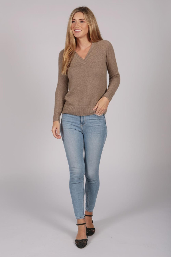 Womens Camel Brown V-Neck Cashmere Sweater full body