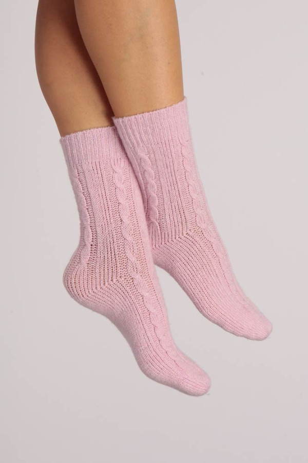 Pure Cashmere Bed Socks in Baby Pink Cable Knit