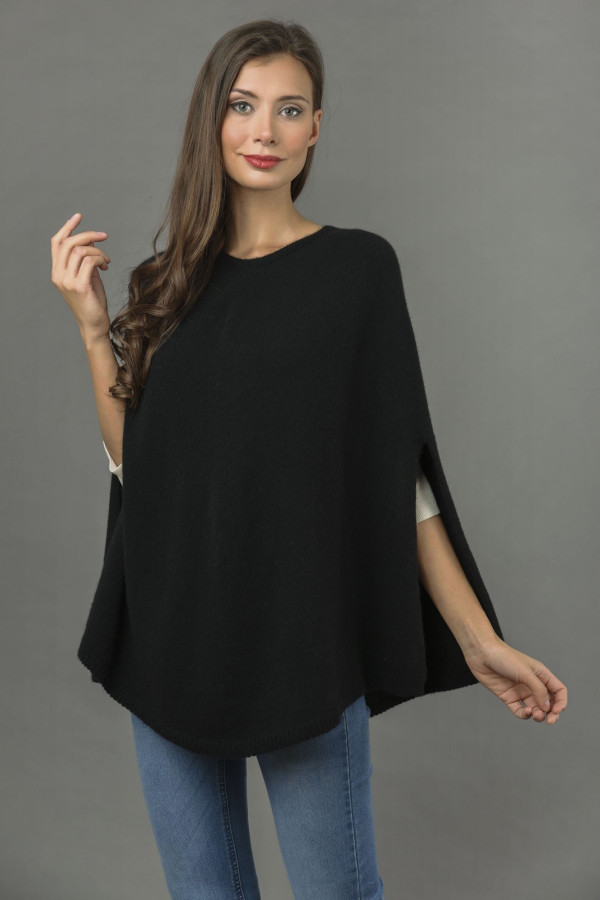 Pure Cashmere Plain Knitted Poncho Cape in Black 1