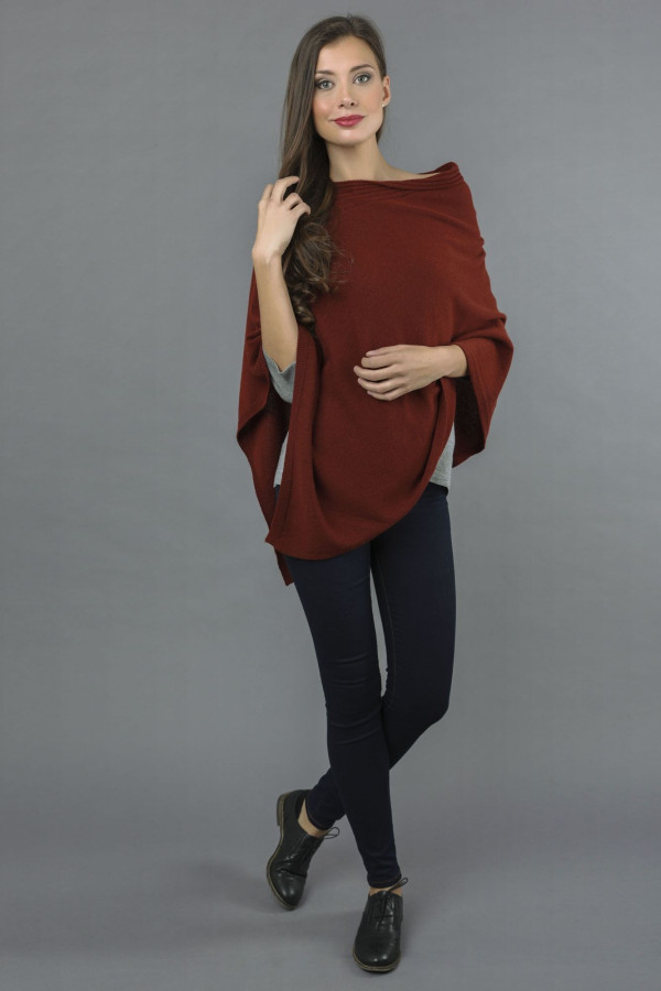 Pure Cashmere Knitted Asymmetric Poncho Wrap in Bordeaux 4
