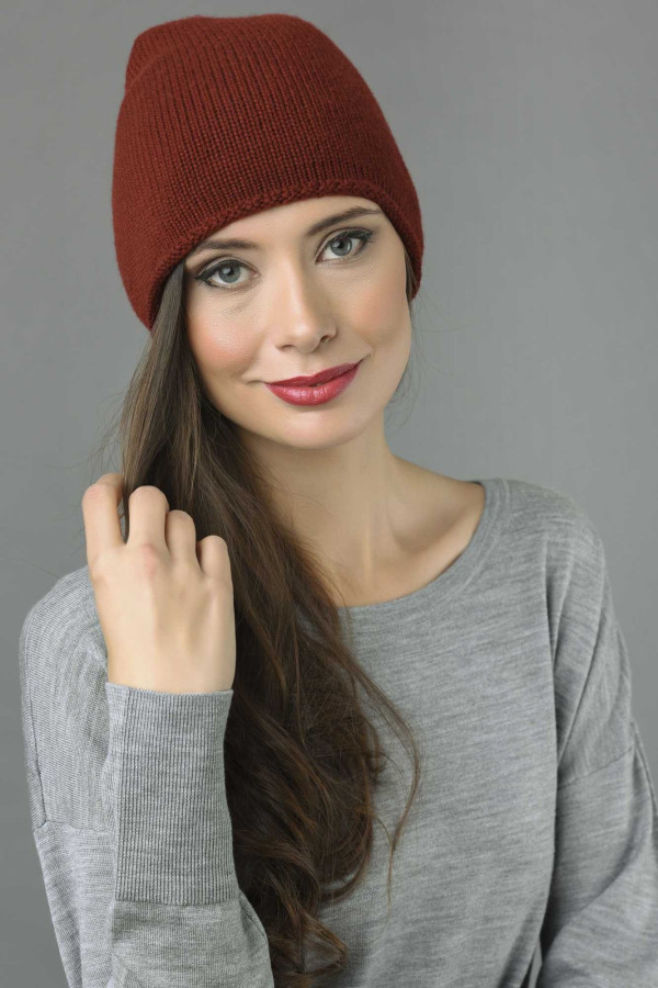  Pure Cashmere Plain Knitted Slouch Beanie Hat in Bordeaux 1