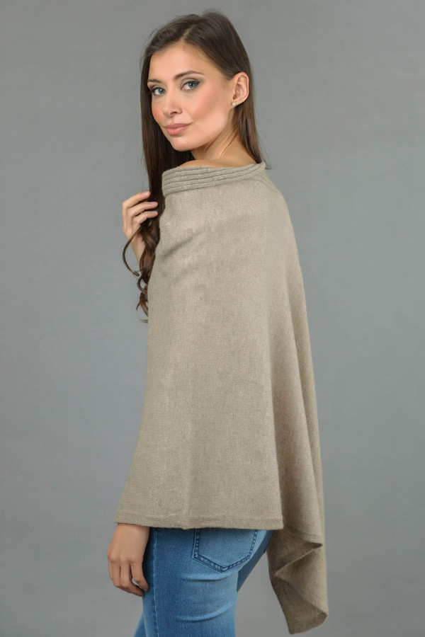Pure Cashmere Knitted Asymmetric Poncho Wrap in Camel Brown 4