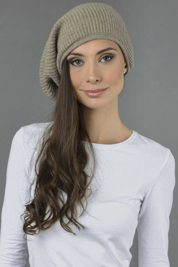 Pure Cashmere Ribbed Knitted Slouchy Beanie Hat in Camel Brown 3