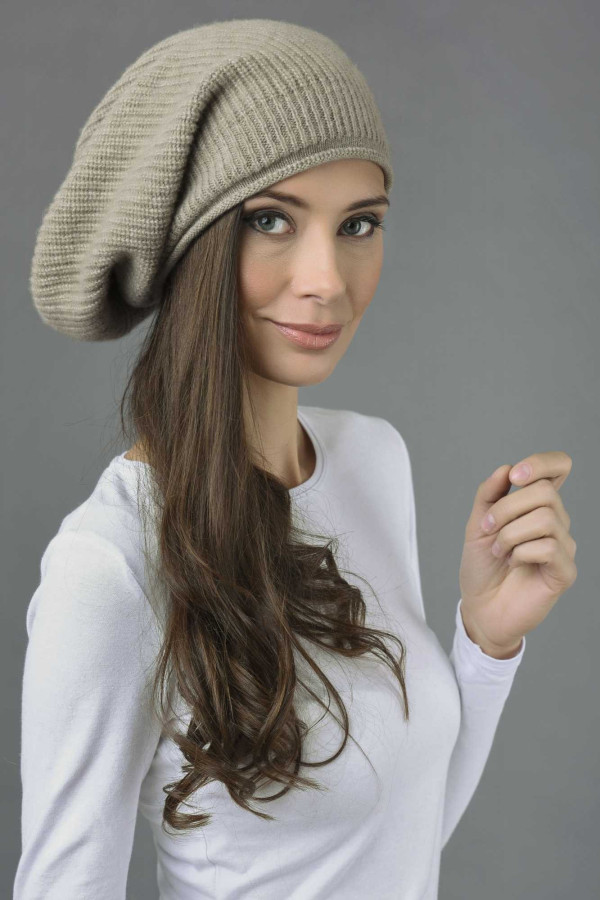 Pure Cashmere Ribbed Knitted Slouchy Beanie Hat in Camel Brown 1