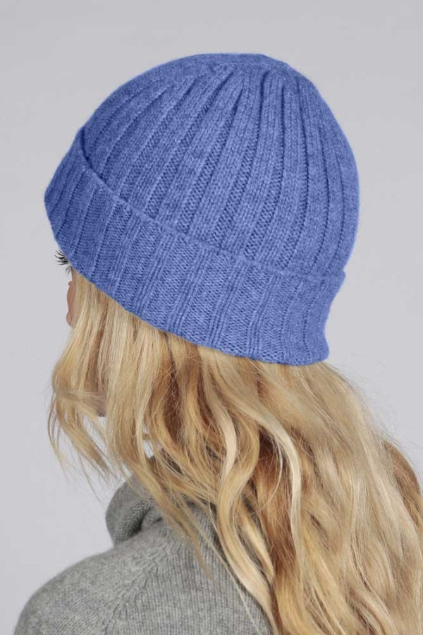 Periwinkle blue pure cashmere wide ribbed fisherman beanie hat