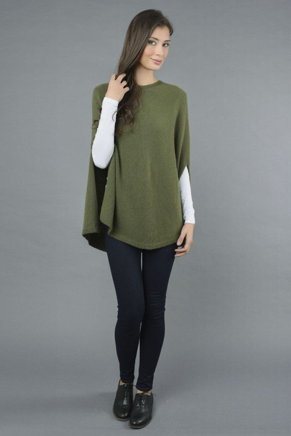 Pure Cashmere Plain Knitted Poncho Cape in Loden Green 1