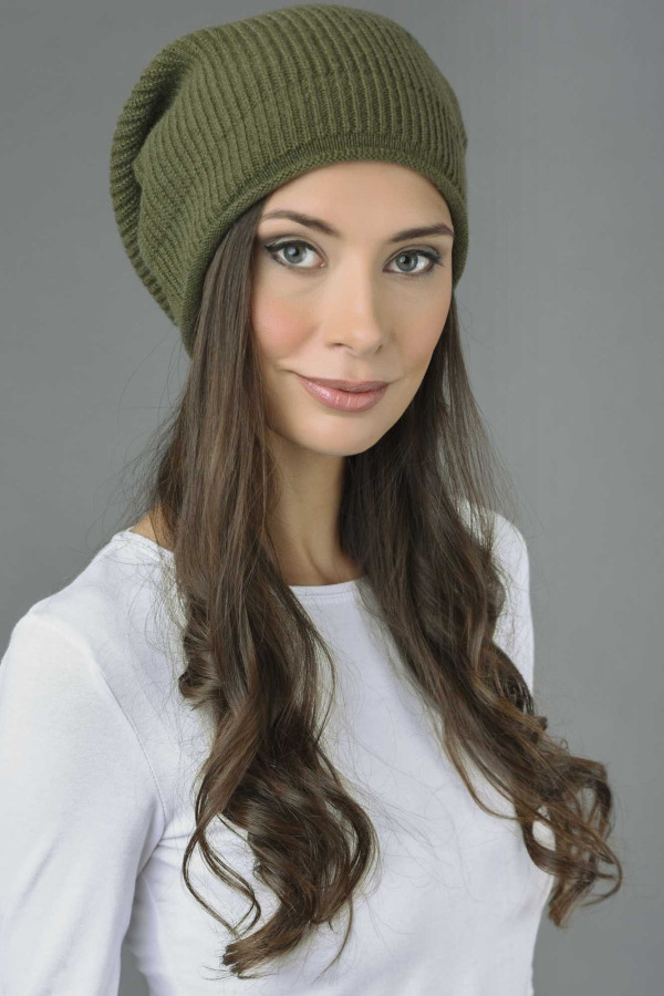 Pure Cashmere Ribbed Knitted Slouch Beanie Hat in Loden Green 3