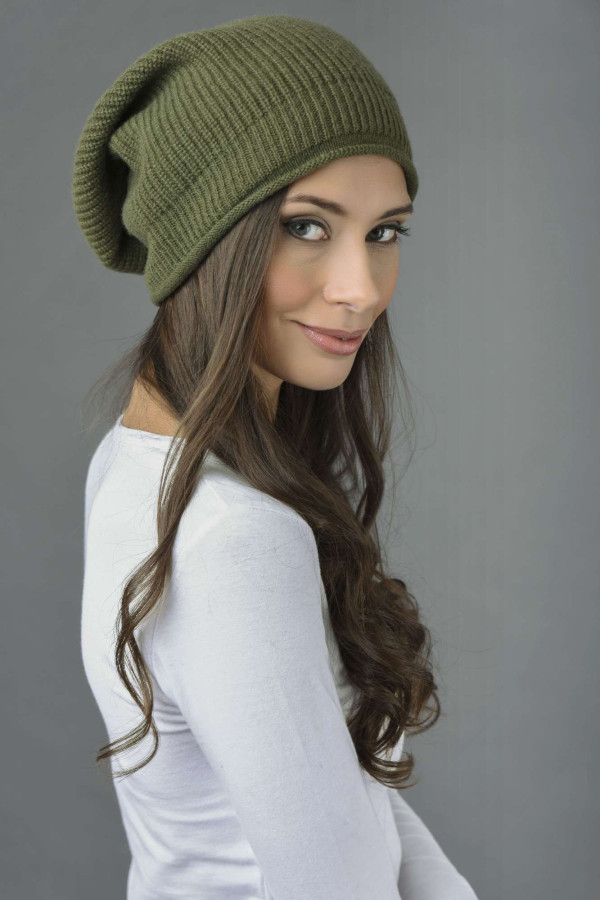Pure Cashmere Ribbed Knitted Slouch Beanie Hat in Loden Green 1