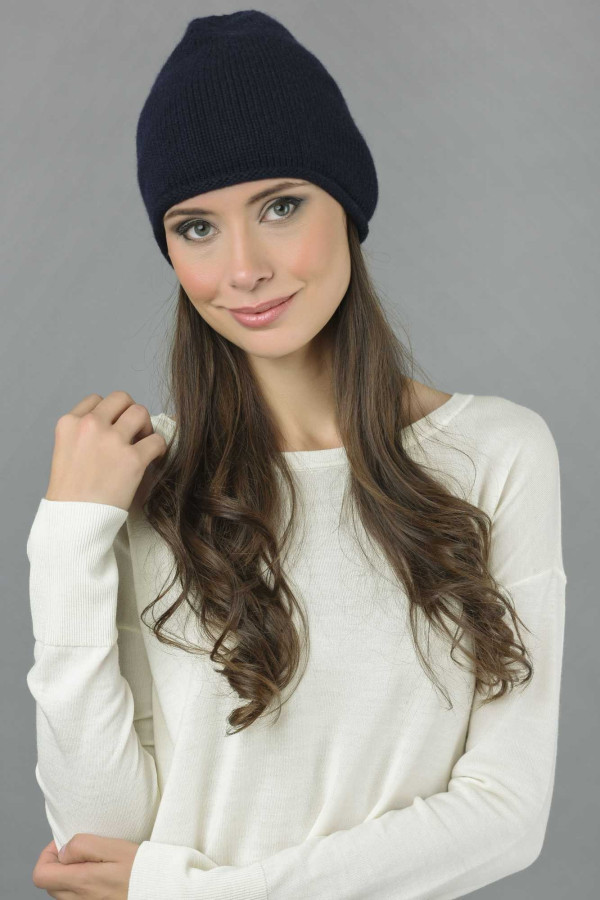 Pure Cashmere Plain Knitted Beanie Hat in Navy Blue 2