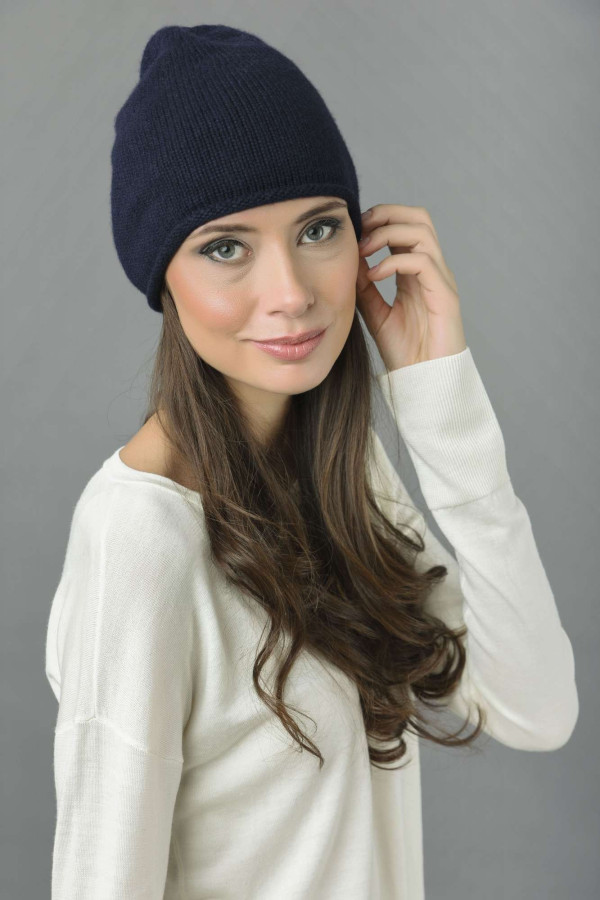 Pure Cashmere Plain Knitted Beanie Hat in Navy Blue 3