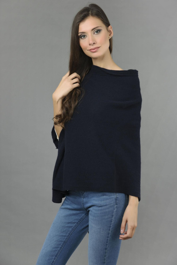 Pure Cashmere Knitted Asymmetric Poncho Wrap in Navy Blue 2