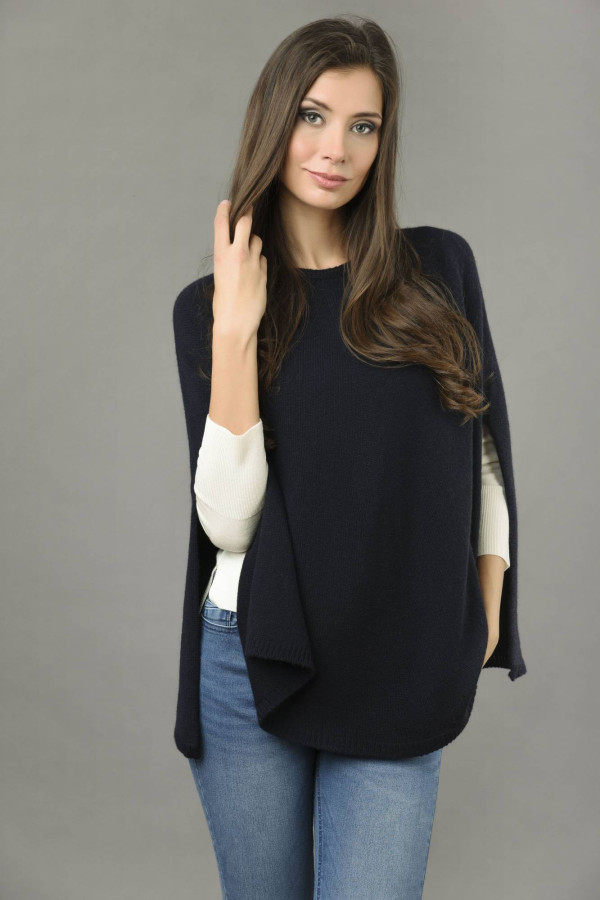 Pure Cashmere Plain Knitted Poncho Cape in Navy Blue 2