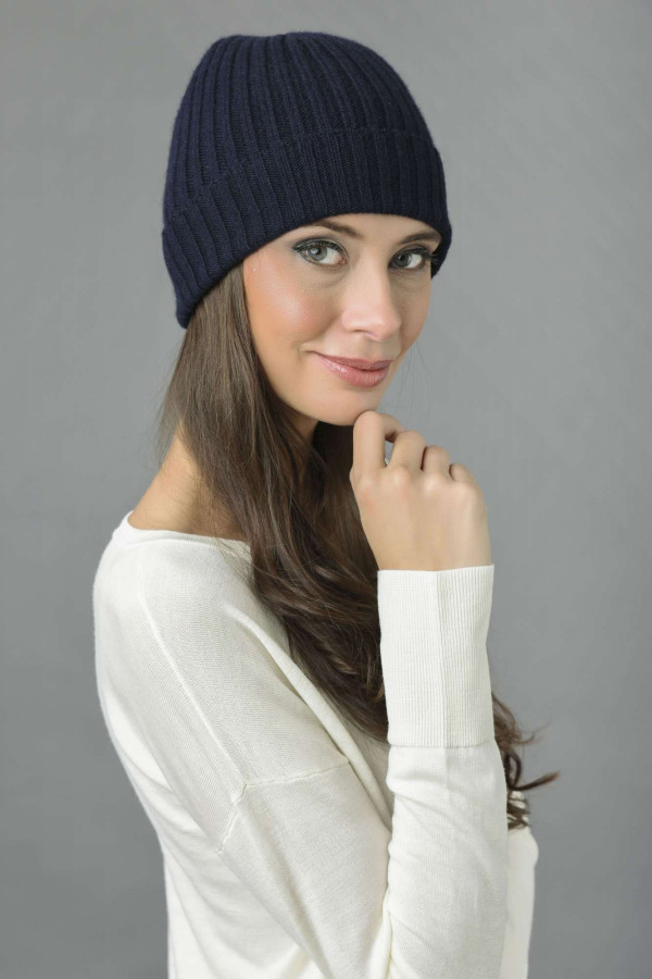 Pure Cashmere Fisherman Ribbed Beanie Hat in Navy Blue 2