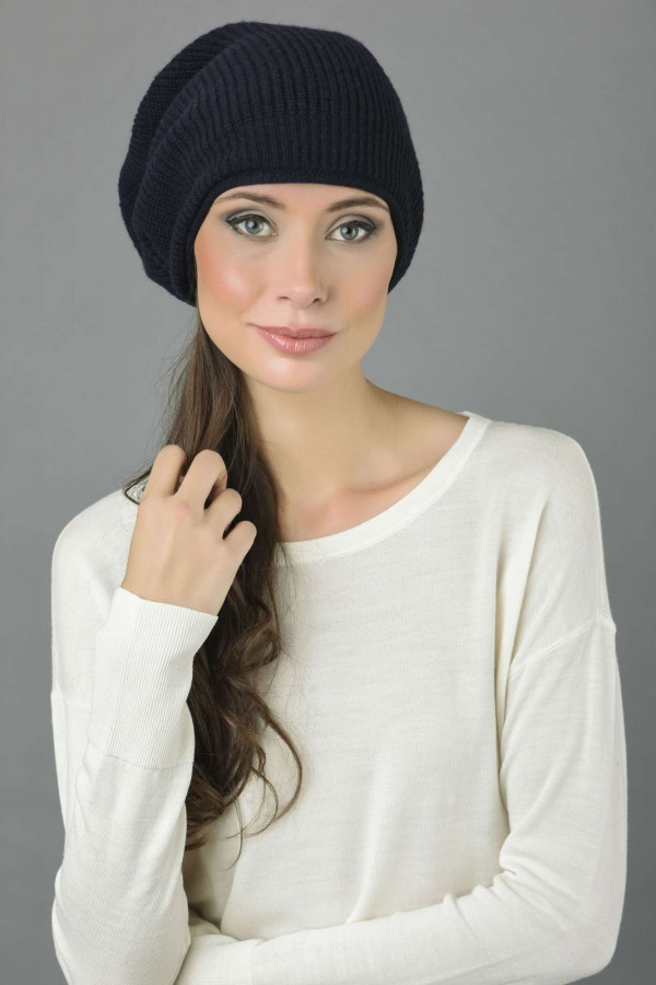 Pure Cashmere Ribbed Knitted Slouchy Beanie Hat in Navy Blue 2