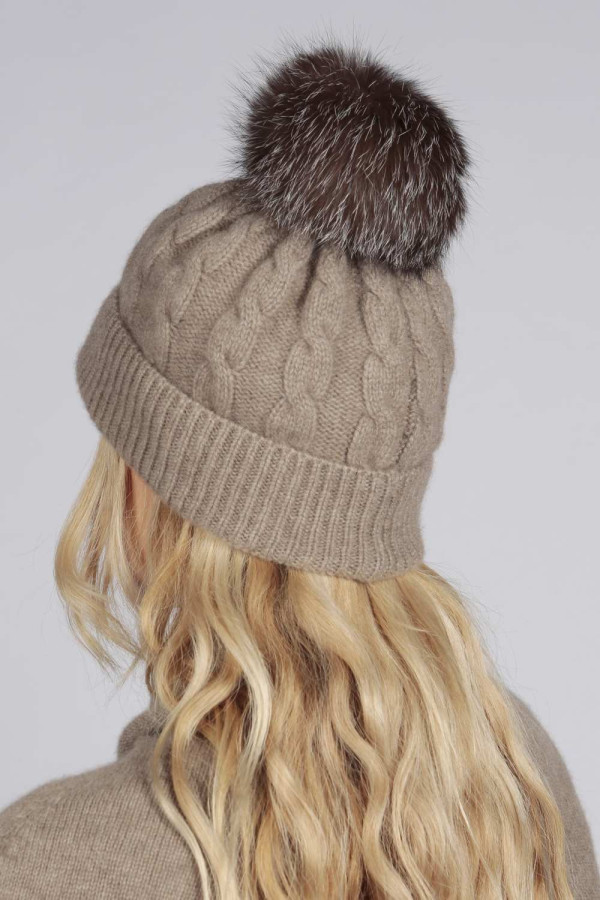 Camel Brown pure cashmere fur pom pom cable knit beanie hat back