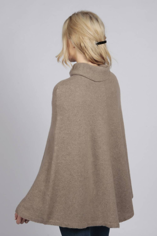 Camel Brown pure cashmere roll neck poncho cape back