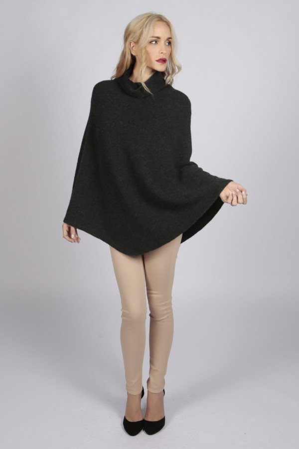 Charcoal Grey pure cashmere roll neck poncho cape