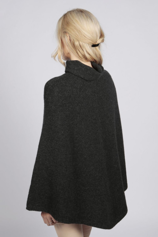 Charcoal Grey pure cashmere roll neck poncho cape back