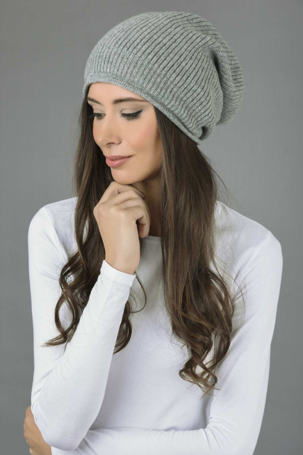 Cashmere Ribbed Knitted Slouchy Beanie Hat in Light Grey 3