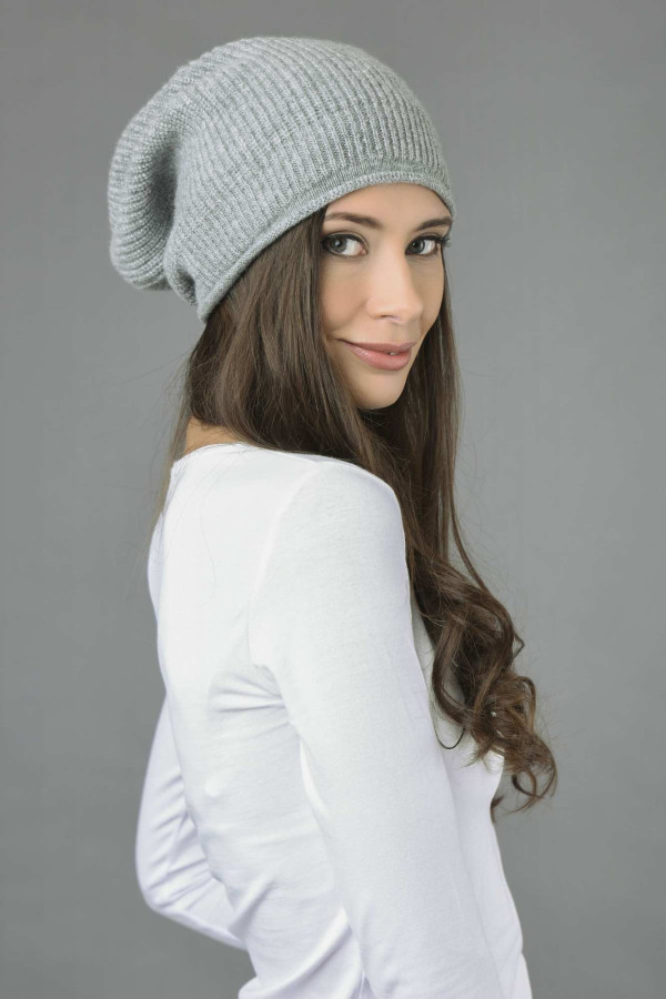 Cashmere Ribbed Knitted Slouchy Beanie Hat in Light Grey 2