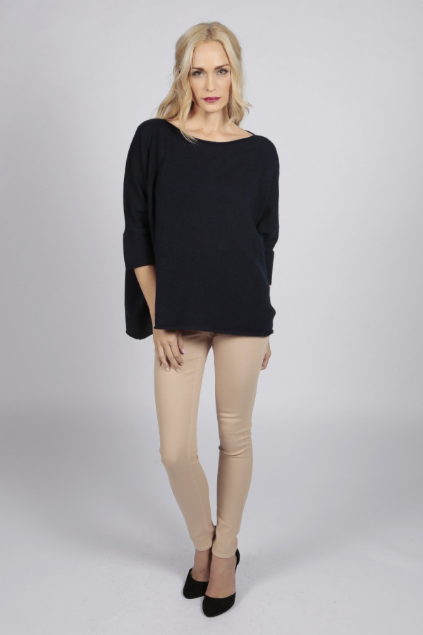 Navy Blue pure cashmere short sleeve oversized batwing sweater