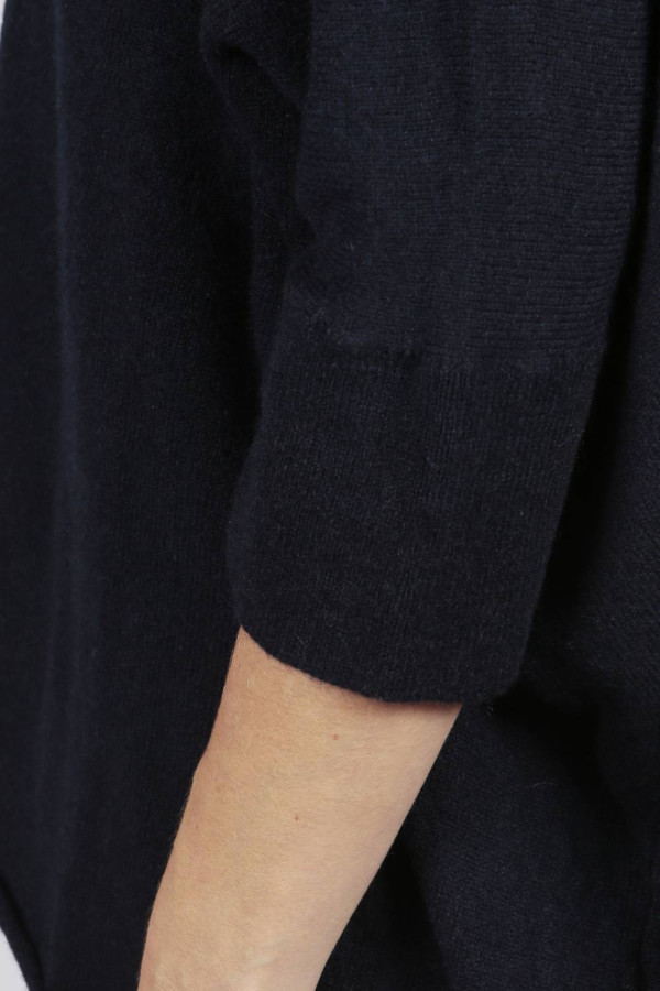 Navy Blue pure cashmere short sleeve oversized batwing sweater close-up