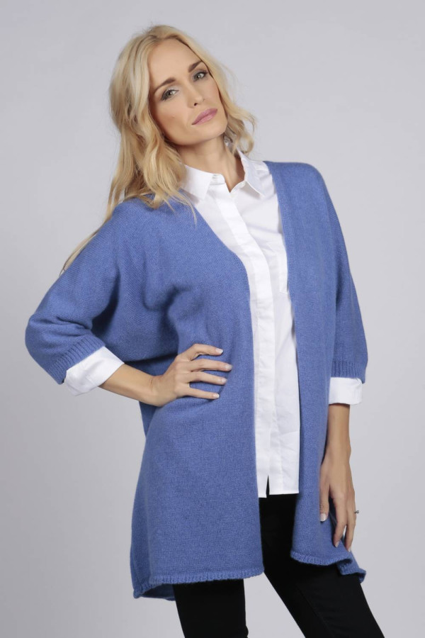 Periwinkle blue pure cashmere duster cardigan close-up