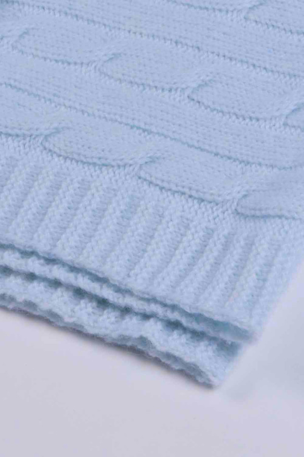 Light Blue pure cashmere baby blanket cable knit close up 1