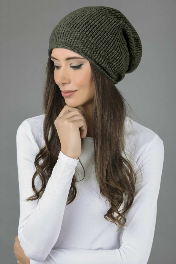 Pure cashmere ribbed slouchy beanie hat plain knit 2