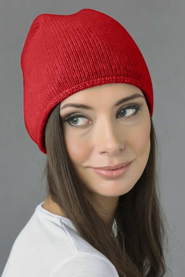 Pure Cashmere Plain Knitted Slouchy Beanie Hat in Red