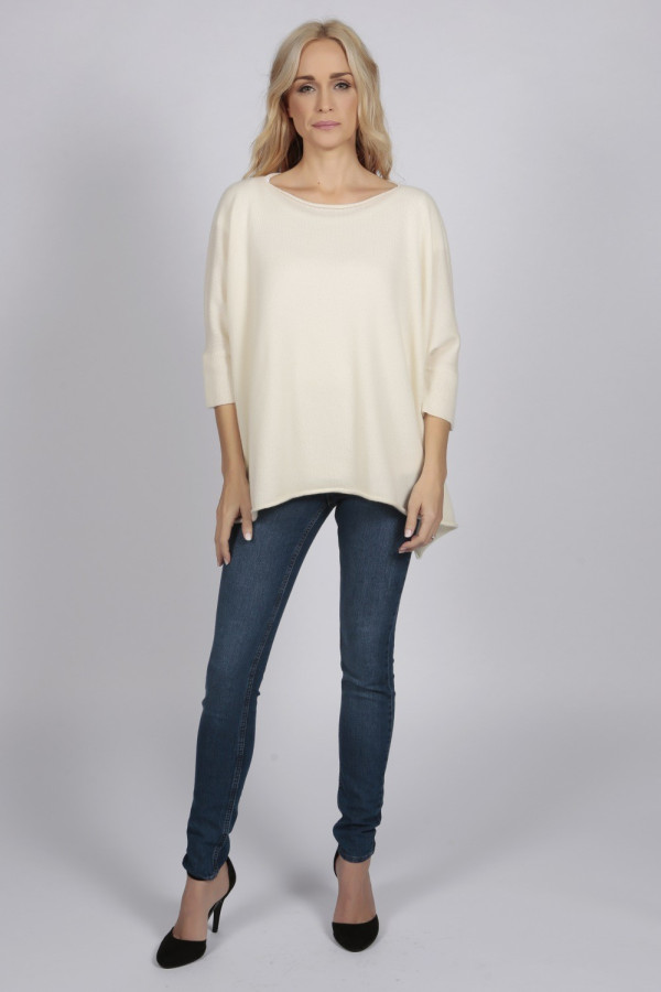 Cream White pure cashmere short sleeve batwing sweater