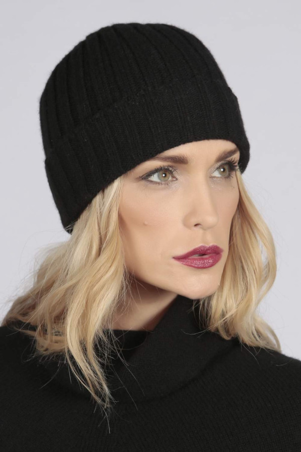 Black pure cashmere wide ribbed fisherman beanie hat