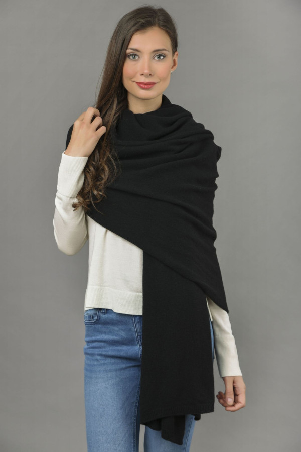 Knitted Pure Cashmere Wrap in Black