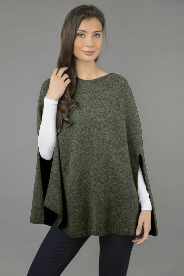 Pure Cashmere Poncho Cape, Plain Knitted in army green